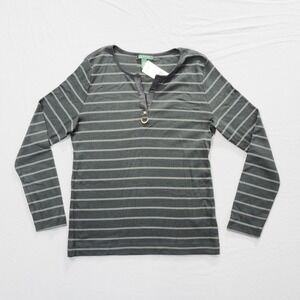 Lauren Ralph Lauren Henley Shirt Womens Large Black Striped Long Sleeve Top Y2K
